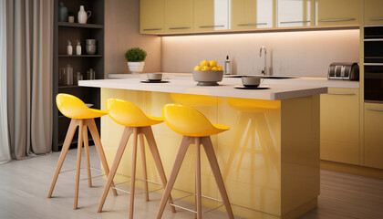3D rendering of a modern kitchen interior with yellow cabinets and a large island with three yellow chairs