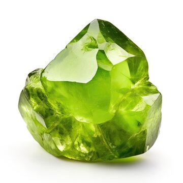 A shiny peridot nugget with a smooth, glossy surface and a vibrant green hue, isolated on a white background, Ai Generated