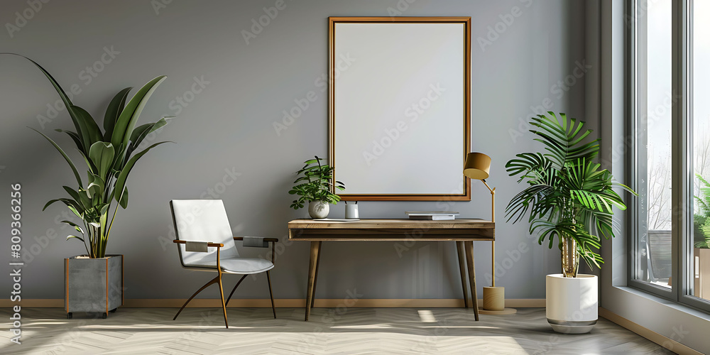 Poster mockup frame in a minimalist, clutter-free office setting. Emphasize neatness and simplicity in the design