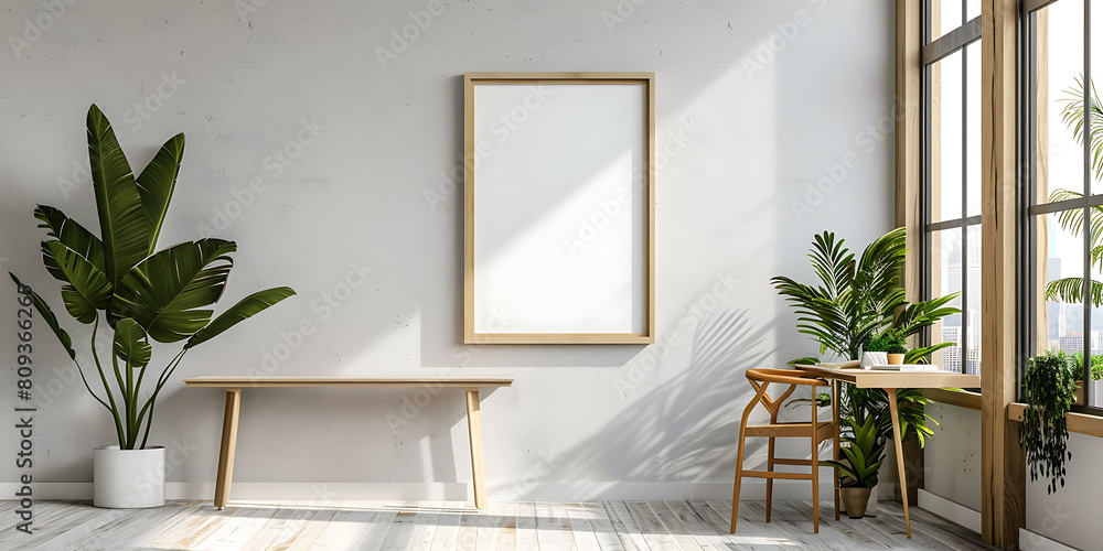 Poster mockup frame in a minimalist, clutter-free office setting. Emphasize neatness and simplicity in the design