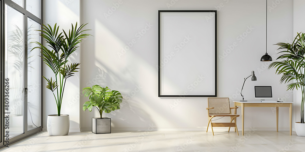 Poster mockup frame in a minimalist, clutter-free office setting. Emphasize neatness and simplicity in the design