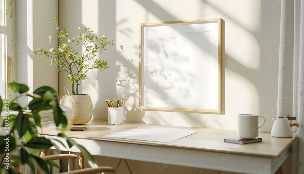 Poster mockup frame in a minimalist, clutter-free office setting. Emphasize neatness and simplicity in the design
