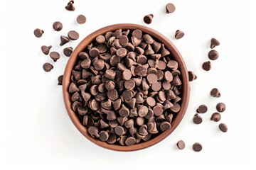 a bowl of chocolate chips on a white surface