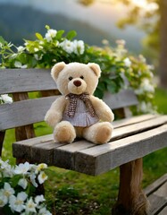 Un oso de peluche descansa en un banco de madera con majestuosas montañas en el fondo. El cielo está lleno de nubes esponjosas y el césped está salpicado de coloridas flores silvestres.