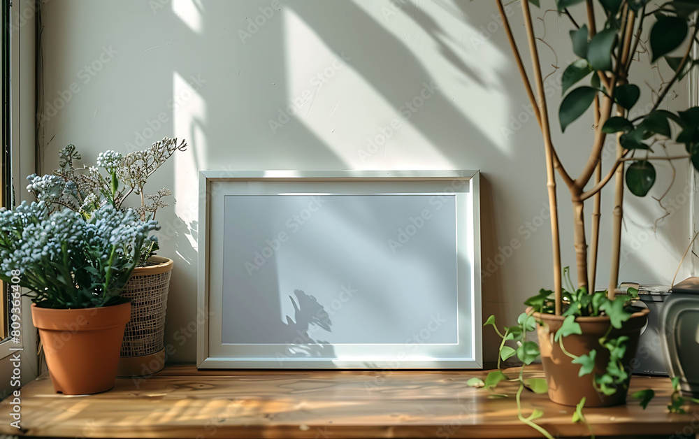 Poster white frame mockup against a cozy, minimalist office backdrop. composition clean and simple with a tidy table