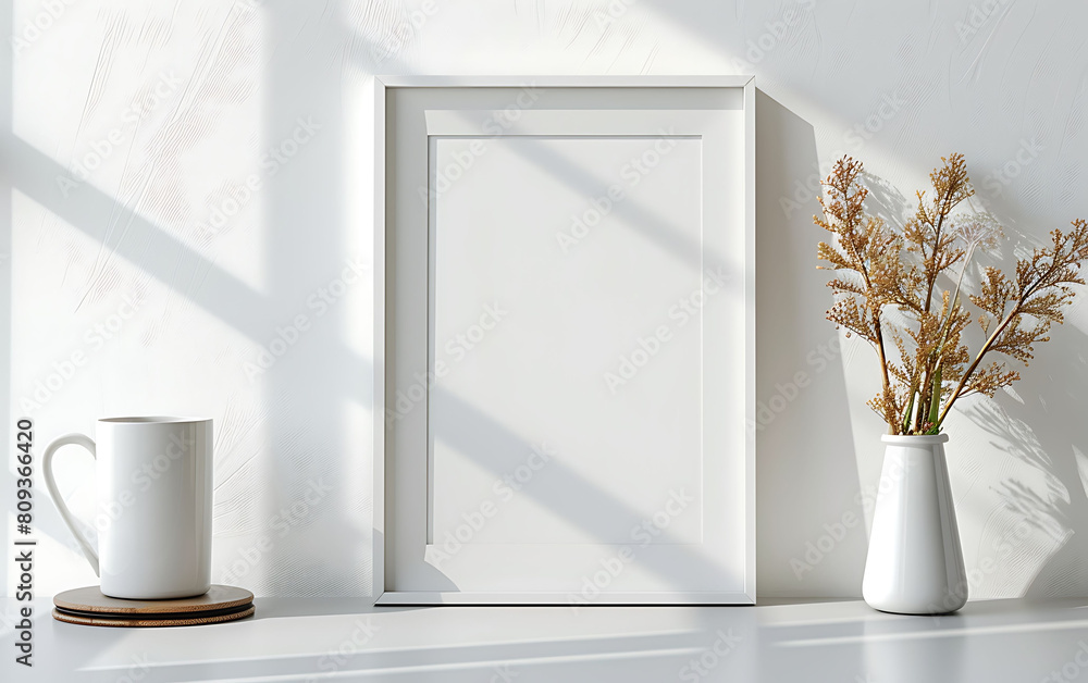 Poster white frame mockup against a cozy, minimalist office backdrop. composition clean and simple with a tidy table