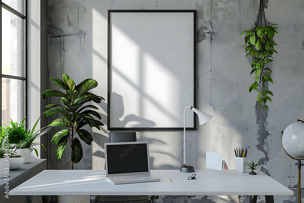 Poster white frame mockup against a cozy, minimalist office backdrop. composition clean and simple with a tidy table