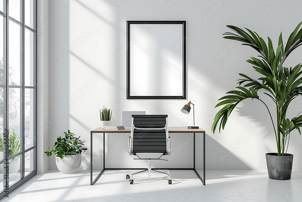 Poster mockup frame in a light, airy office interior. focus on simplicity and clean lines for an elegant lo