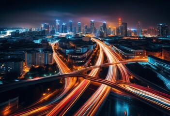Fototapeta premium mesmerizing nighttime traffic trails long exposure, light, streaks, vehicles, movement, urban, cityscape, transportation, speed, motion, blur, illuminated