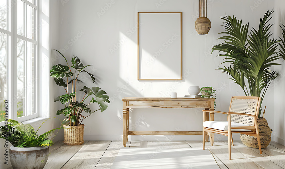 Poster white frame mockup against a cozy, clutter-free office background. opt for simplicity and neatness i