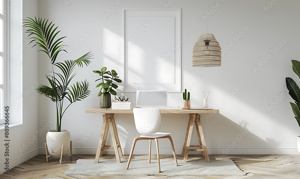 Poster white frame mockup against a cozy, clutter-free office background. opt for simplicity and neatness i