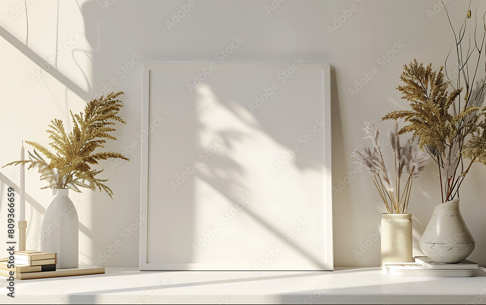 Poster mockup frame in a clean, modern office setting. Emphasize simplicity and minimalism for a sleek design
