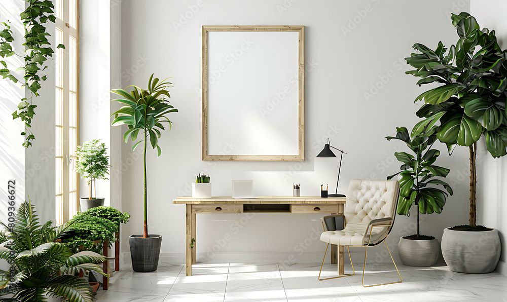 Poster mockup frame in a clean, modern office setting. Emphasize simplicity and minimalism for a sleek design