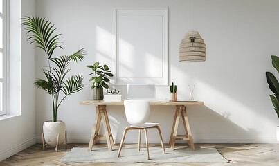 white frame mockup against a cozy, clutter-free office background. Opt for simplicity and neatness in the composition