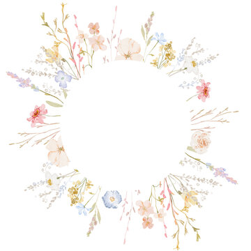 Watercolor frame with flowers and butterflies for weddign card greeting car, png transparent background, pastel colors wildflower frame
