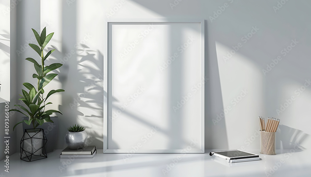 Poster white frame mockup in a serene, well-organized office environment. Keep the design minimal and clean with a tidy table