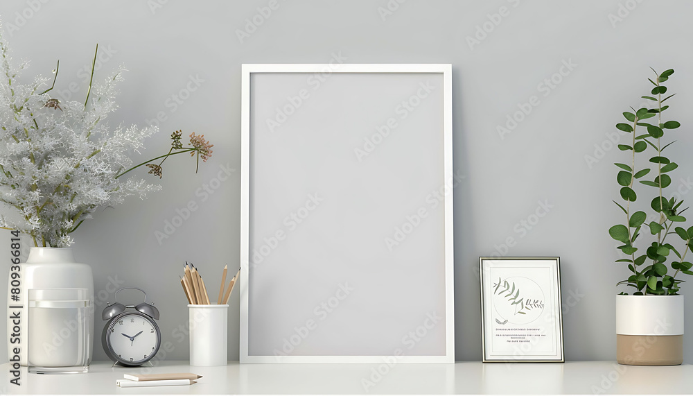 Poster mockup frame in a clean, modern office setting. Emphasize simplicity and minimalism for a sleek design