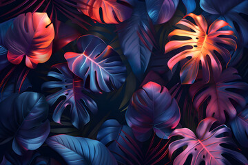 Lush colorful tropical leaves against a dark background, suitable for nature-themed designs, tropical-themed events, and vibrant color schemes