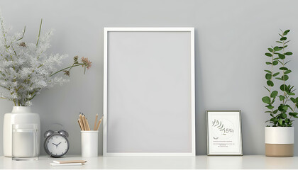 mockup frame in a clean, modern office setting. Emphasize simplicity and minimalism for a sleek design