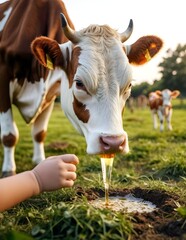 Cow eating the grass from the children hand.