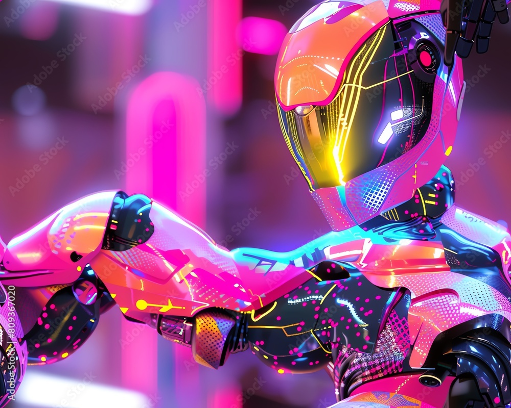 Poster capture a close-up shot of a futuristic robotic dancer in vibrant pop art colors and bold, angular s