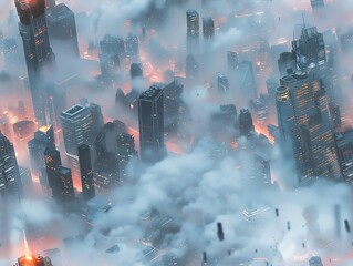 Capture a dystopian cityscape with towering skyscrapers in a CG 3D style