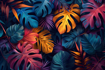 Lush and vibrant tropical leaves against a dark background, perfect for nature-themed designs and tropical summer event promotions.