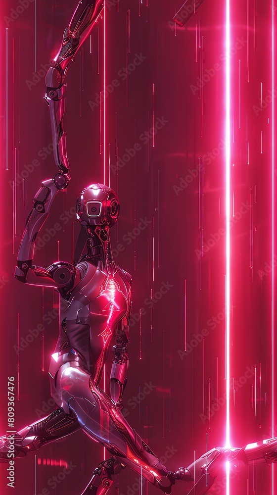 Poster capture the aerial view of a robotic ballet dancer executing a graceful pirouette with sleek