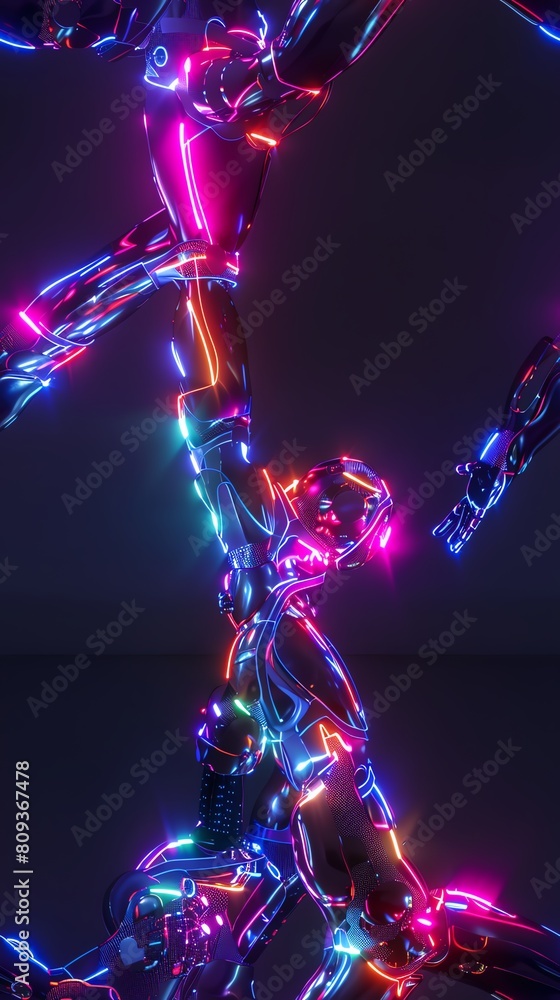 Poster capture the aerial view of a robotic ballet dancer executing a graceful pirouette with sleek