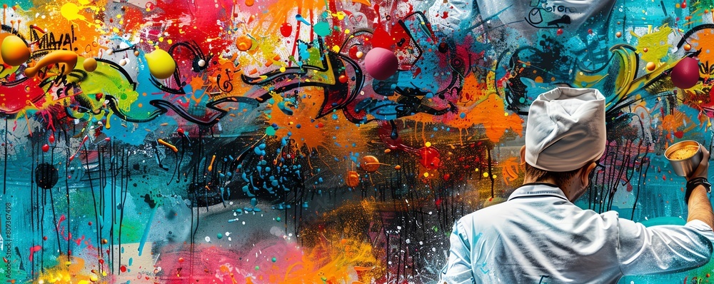 Poster capture the dynamic fusion of culinary arts and street art with a worms-eye view of a chef creating 