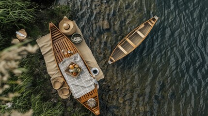 An aerial view of two boats peacefully floating on the serene lake surrounded by natural landscape with trees, grass, and other terrestrial plants AIG50