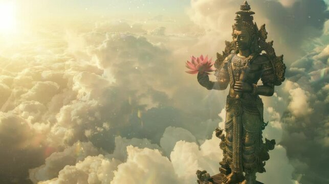 a Hindu god who is above the clouds holding a very beautiful lotus flower. seamless looping time-lapse virtual 4k video Animation Background.