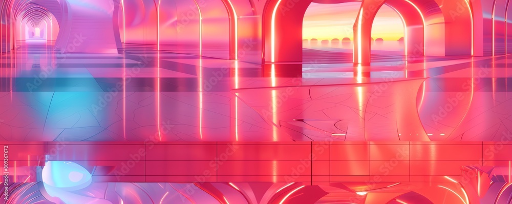 Aufkleber capture the futuristic essence in an ecofuturism runway setting using dynamic wide-angle perspective