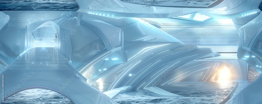 Aufkleber capture the futuristic essence in an ecofuturism runway setting using dynamic wide-angle perspective