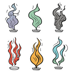 Six colorful flames smoke swirls rising bowls, handdrawn cartoon style. Shades purple, green, gray, red, yellow, blue simplified flame designs, minimalist. Twisting smoke fire, simple line art