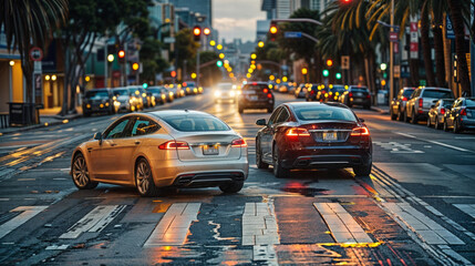 Car traffic on the road in downtown Los Angeles, California, USA