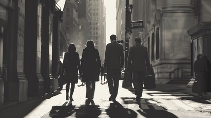 Silhouette of people walking in the street. Urban scene.