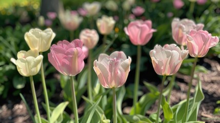 Pink and white tulips with decorative qualities in a shaded area