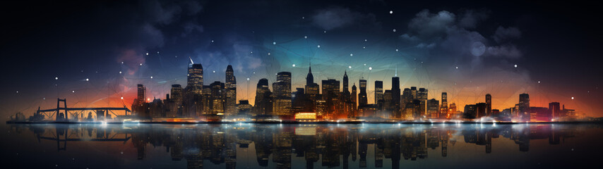 Futuristic Cityscape with Golden Sunrise and Connected Network Lines