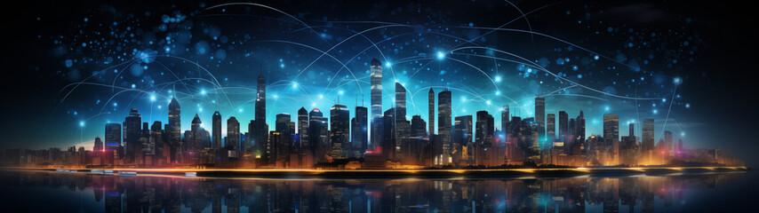Futuristic Cityscape with Blue Network Connections and Stars
