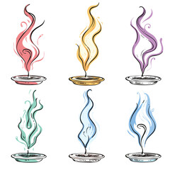 Six colorful incense sticks illustrations smoke rising various colors, stick set metallic holder, vibrant hues, curling smoke lines create relaxing atmosphere. Artistic representation relaxation