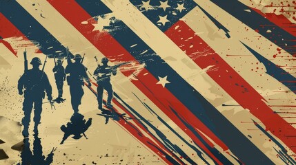Obraz premium Memorial Day banner featuring bold fonts, soldier images, and flags. Download now , Ai Generated