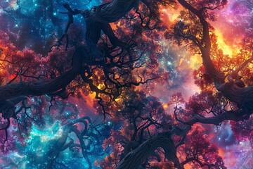 Illustrate a surreal scene of mystical beings floating through an ethereal forest canopy