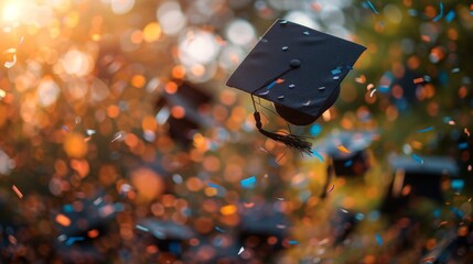 A group of graduation caps being thrown in the air with confetti. 