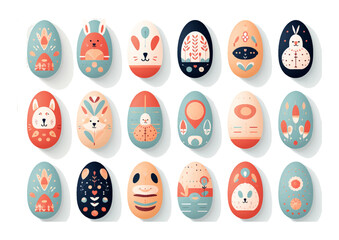 Set of colorful flat design doodle Happy Easter Eggs vector illustrations of bunnies, rabbits icons, decorated with flowers