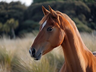 A brown horse with a white spot on its forehead is standing in a field. The horse's head is turned to the right, and it is looking at the camera. The scene is peaceful and serene
