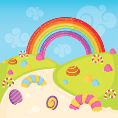 Colored candy land landscape Sweet place Vector illustration