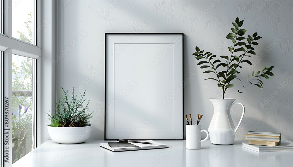 Poster white frame mockup in a serene, well-organized office environment. Keep the design minimal and clean with a tidy table