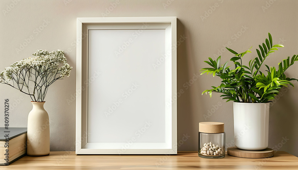 Poster white frame mockup in a serene, well-organized office environment. Keep the design minimal and clean with a tidy table