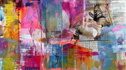 Vibrant mixed media collage Abstract patterns, newspaper clippings, vivid colors, Ai Generated